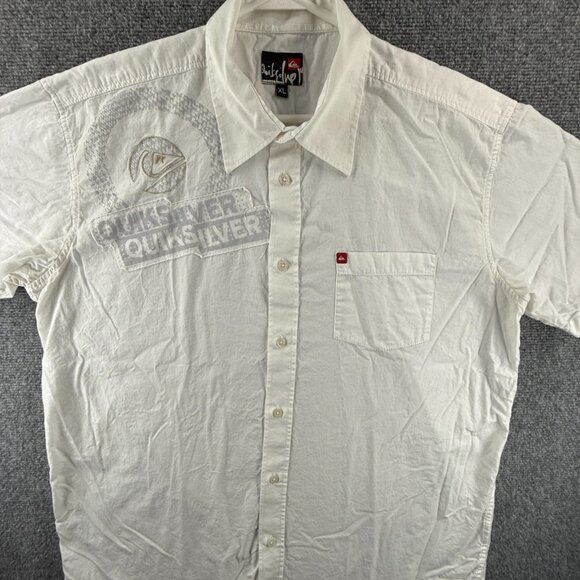 Quiksilver XL Graphic Print Short Sleeve White Shirt Skate Men Pocket Button Up - Picture 1 of 13